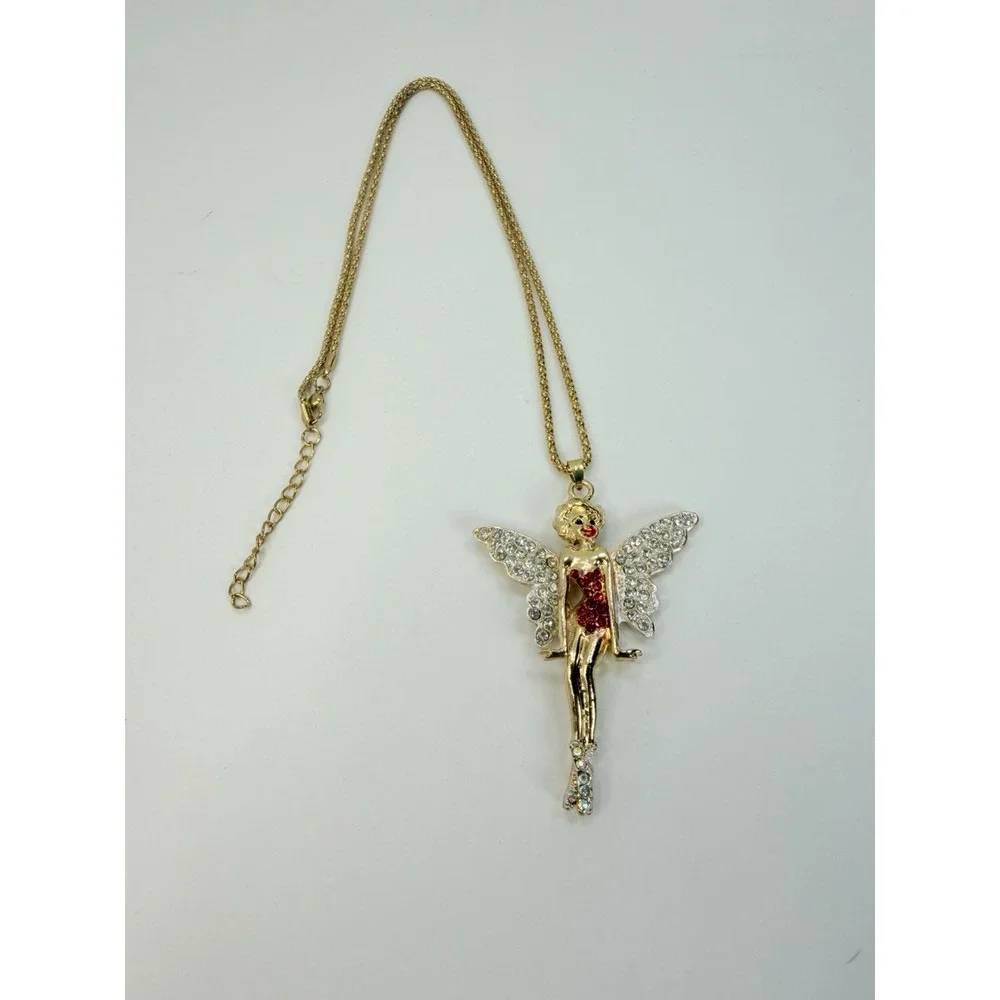 Red Rhinestone Wings Angel Elf Girl Fashion Women Pendant Necklace Gold Tone
